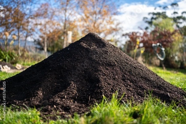 Obraz turning a compost pile in a community garden. compost full of microorganisms. sustainable regenerative agriculture