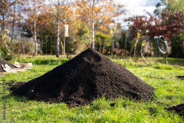 Obraz turning a compost pile in a community garden. compost full of microorganisms. sustainable regenerative agriculture