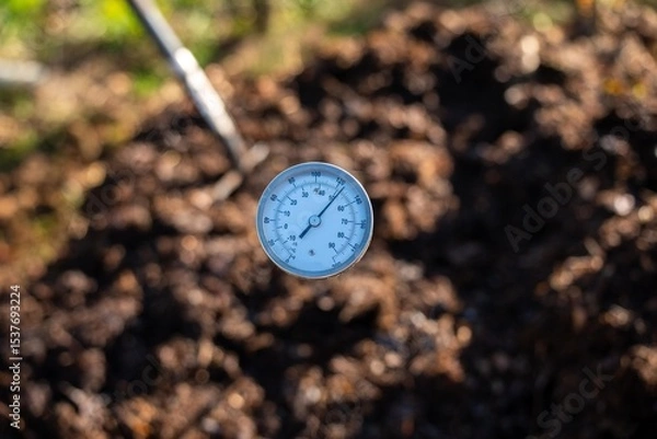 Obraz measuring the temperature of a Compost pile, organic thermophilic compost turning in Tasmania Australia on a farm