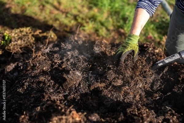 Obraz measuring the temperature of a Compost pile, organic thermophilic compost turning in Tasmania Australia on a farm