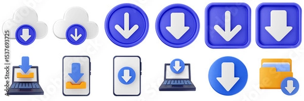 Obraz 3d download data file document information online internet down arrow icon set bundle illuatration