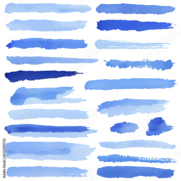 Fototapeta Blue watercolor brush strokes collection for design elements and backgrounds, vector illustration set on transparent background