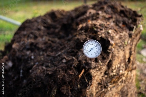 Obraz measuring the temperature of a Compost pile, organic thermophilic compost turning in Tasmania Australia on a farm