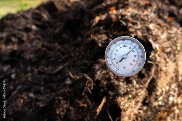 Obraz measuring the temperature of a Compost pile, organic thermophilic compost turning in Tasmania Australia on a farm