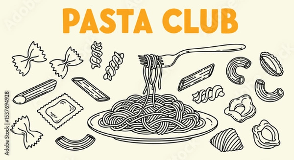 Fototapeta Minimalist hand drawn pasta vector set. Different Mediterranean spaghetti types. Pasta Club Italian pasta illustration, black line spaghetti plate surrounded by penne fusilli farfalle ravioli shells
