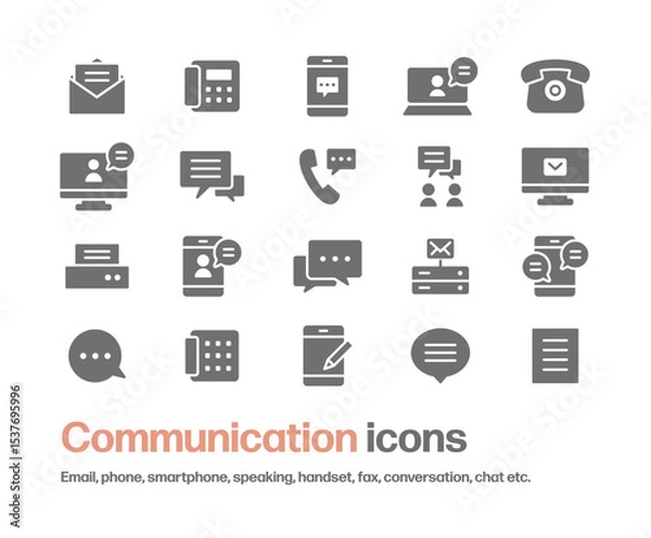 Obraz コミュニケーション関連のシルエットアイコンセット。メール,電話,オンラインミーティング,吹き出し,スマートフォン,固定電話,サーバー,パソコン,メッセージ等のシンプルなイラスト