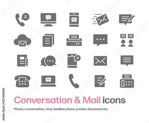 Fototapeta 会話やメールのアイコンセット。電話,メッセージ,チャット,手紙,吹き出し,会議,受話器等のシンプルなシルエットアイコン