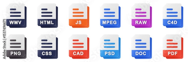 Fototapeta 3d file format type icon set bundle illustration
