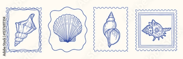 Fototapeta Blue line seashell postage stamp vector collection. scalloped coastal frames with conch, scallop and snail shells. Hand drawn marine illustration