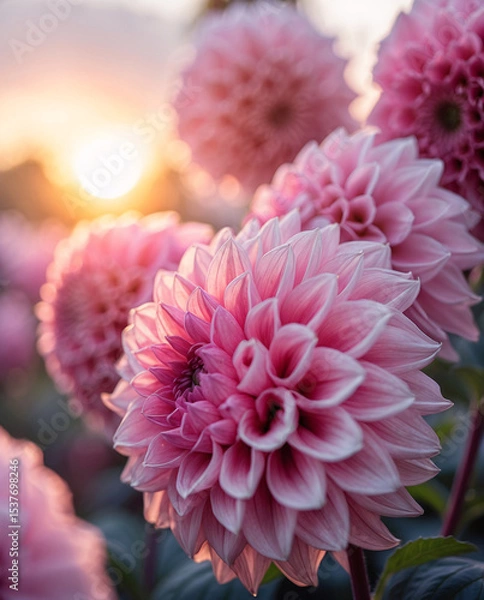 Fototapeta Botanical macro image of pink dahlia bloom shining under golden sunlight in warm garden afternoon aesthetic floral photography for wallpaper background
