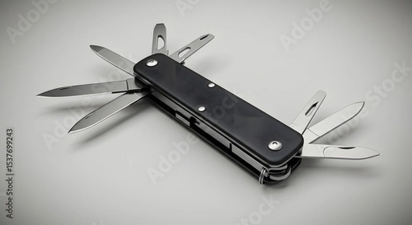 Obraz Black Multi-Tool Knife with Multiple Blades - 3D Render