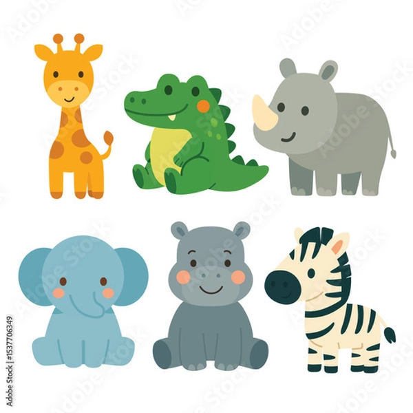 Fototapeta Set of cartoon African animals including giraffe, crocodile, rhinoceros, elephant, hippopotamus, and zebra. Flat colorful illustration on white background. Safari and wildlife concept