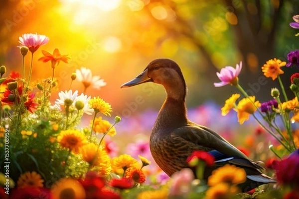 Fototapeta Golden Hour Serenity A Duck Amidst Vibrant Blossoms in a Sunlit Meadow