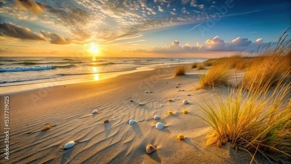Fototapeta Serene Coastal Sunset Golden Sands, Ocean Waves, and Seashells at the Shore