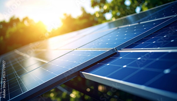 Fototapeta Solar Panel in Sunlight: Capturing the power of the sun, this image showcases a grid of photovoltaic solar panels, harnessing the sun's rays against a bright, sunny backdrop.