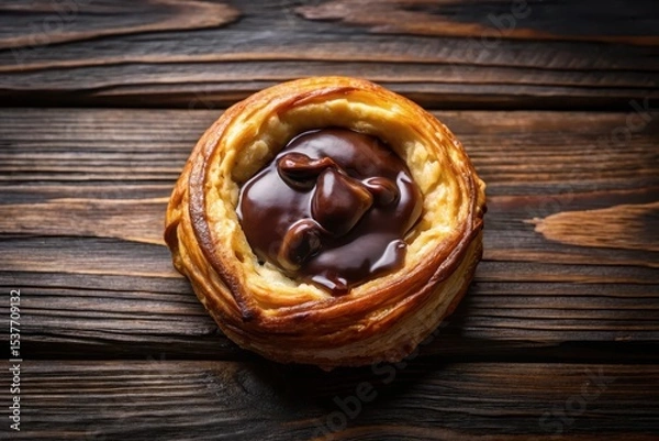 Fototapeta A delectable pastry with a rich chocolate filling, atop a rustic wooden surface