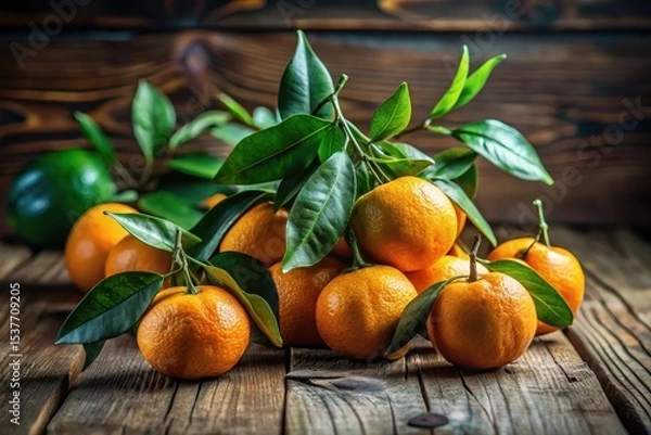 Fototapeta A vibrant cluster of ripe citrus fruits, freshly picked and still clinging to their lush green leaves, rests on a rustic wooden surface
