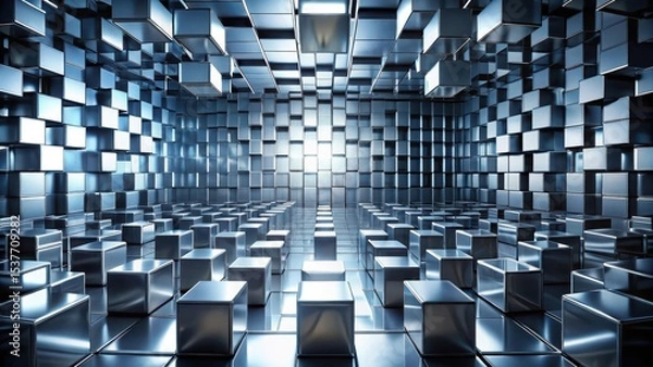 Fototapeta Abstract Metallic Cube Array Reflective Surfaces and Geometric Patterns in a Modern Digital Space