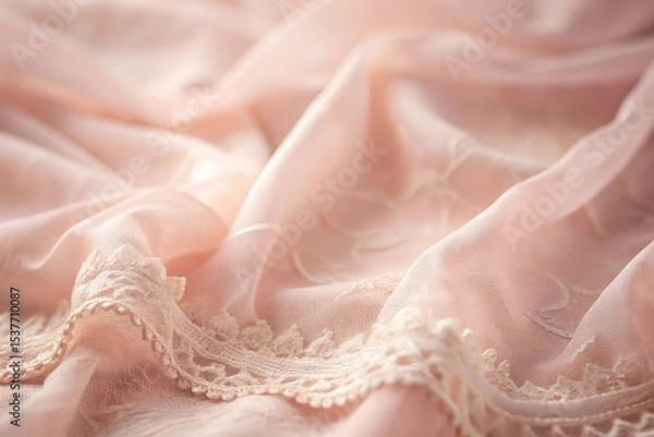Fototapeta Delicate blush pink fabric with embroidered detailing and elegant lace trim, softly draped and showcasing exquisite texture