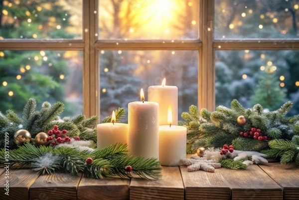 Fototapeta Warm Candlelight Illuminates a Festive Winter Window Scene with Evergreen Branches and Festive Ornaments