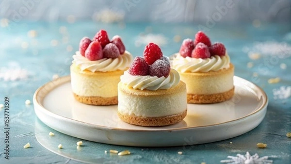 Fototapeta Miniature cheesecakes, adorned with sugared raspberries and whipped cream, elegantly presented on a circular plate.