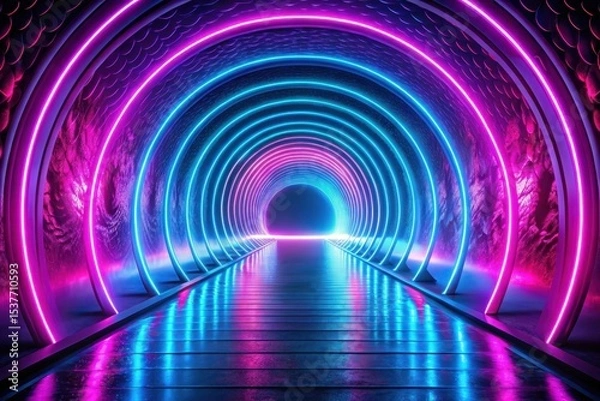 Fototapeta Futuristic Neon Tunnel with Vibrant Pink and Blue Glowing Circles and Reflective Floor