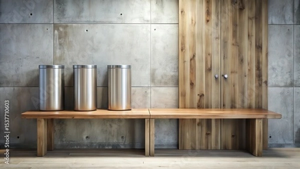 Fototapeta Modern minimalist interior design featuring a sleek wooden bench and three metallic cylindrical containers against a textured concrete and wood wall