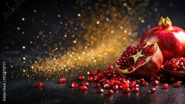 Fototapeta A vibrant still life showcasing a halved pomegranate and a whole pomegranate, dramatically presented against a dark background sprinkled with golden particles, creating a luxurious and festive mood.