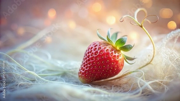 Fototapeta A Single, Ripe Strawberry Rests Gently on a Soft, Fluffy Surface, Illuminated by Warm, Golden Light
