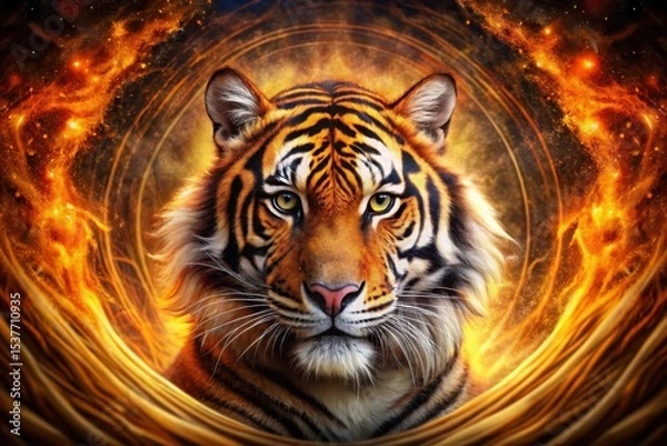 Fototapeta Majestic Tiger Portrait Enveloped in Fiery Cosmic Nebula