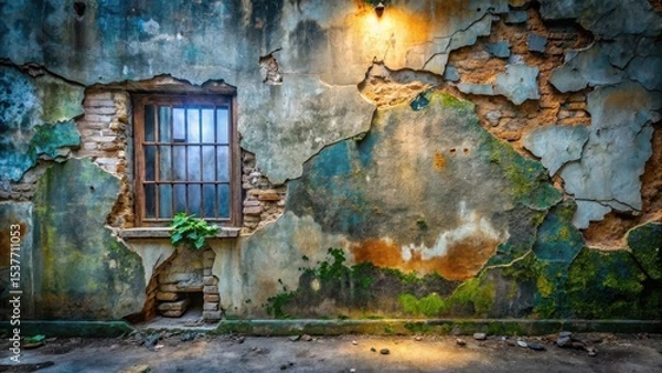 Fototapeta Distressed Wall with Weathered Paint, Exposed Brick, and a Single Window