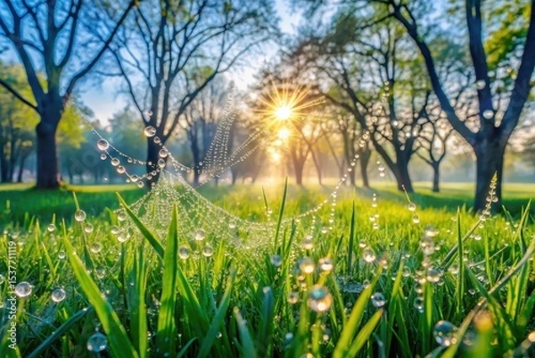 Fototapeta Morning Dewdrops Adorn a Spiderweb in a Sunlit Meadow, Sparkling with Natural Beauty and Serenity