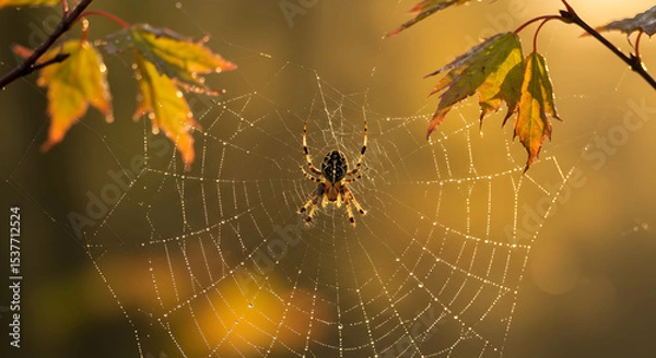 Fototapeta Spider in its Web with Leaves in the Background Captured in Golden Sunlight