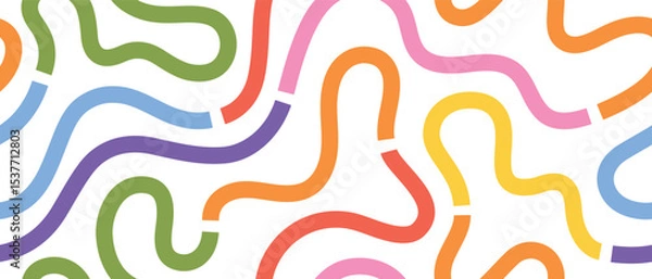 Fototapeta Playful seamless pattern with colorful hand-drawn swirls, arches, and zigzags. Modern abstract background perfect for wrapping paper or childrens design
