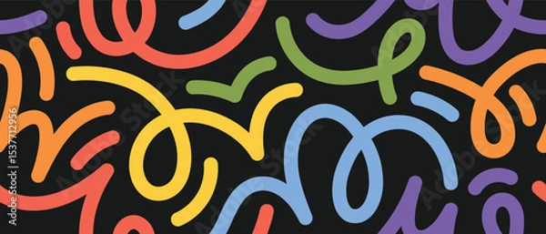 Fototapeta Whimsical abstract design with colorful curved lines and symbols. Seamless vector pattern for stationery, textile design, web backgrounds, and packaging