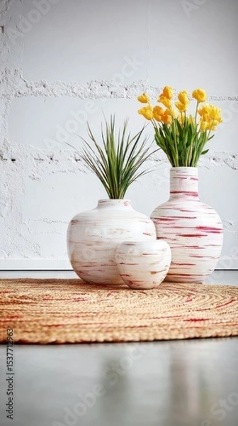 Obraz White and Red Striped Vases with Yellow Flowers on a Jute Rug
