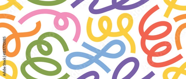 Fototapeta Trendy abstract scribble pattern with dynamic curves and rainbow colors. Hand-drawn seamless design for posters, branding, packaging, and fabric.