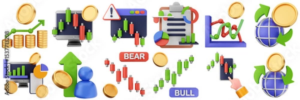 Obraz 3d trading chart arrow increase decrease income profit finance icon set bundle illustration