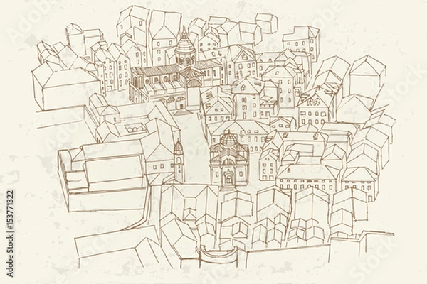 Fototapeta Bird's-eye view of Dubrovnik. Vector sketch in retro style.