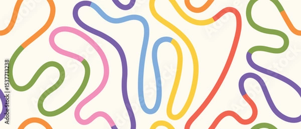 Fototapeta Vibrant curved line pattern with abstract geometric doodles. Seamless background in pastel and bright colors for trendy art, kids decor, and prints.