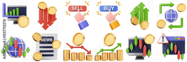 Obraz 3d trading chart arrow increase decrease income profit finance icon set bundle illustration