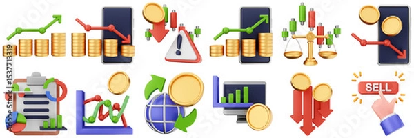 Obraz 3d trading chart arrow increase decrease income profit finance icon set bundle illustration