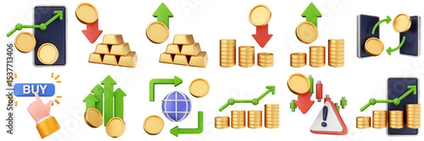 Obraz 3d trading chart arrow increase decrease income profit finance icon set bundle illustration