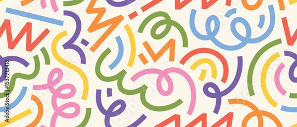 Fototapeta Colorful abstract pattern with curved lines, zigzags, and swirls. Seamless playful background for modern design, kids prints, fabric, and wrapping paper.