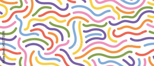 Fototapeta Playful squiggly line pattern in rainbow colors on white background. Bright seamless design for wallpapers, stationery, and party decor.