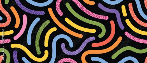 Fototapeta Whimsical abstract design with colorful curved lines and symbols. Seamless vector pattern for stationery, textile design, web backgrounds, and packaging. Rainbow colors.