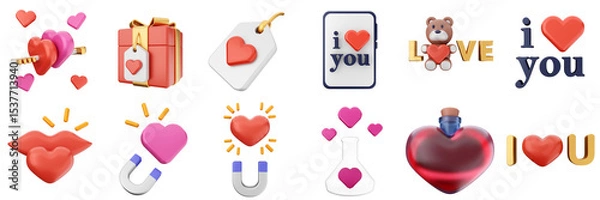 Obraz 3d valentines day love heart romance present gift box 14 february icon set bundle illustration