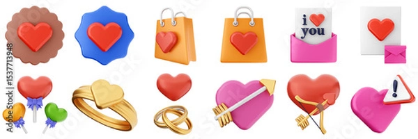 Obraz 3d valentines day love heart romance present gift box 14 february icon set bundle illustration