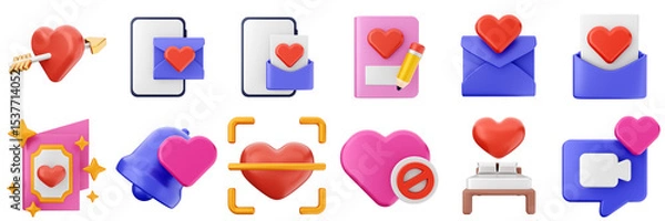 Obraz 3d valentines day love heart romance present gift box 14 february icon set bundle illustration