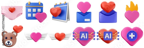 Obraz 3d valentines day love heart romance present gift box 14 february icon set bundle illustration